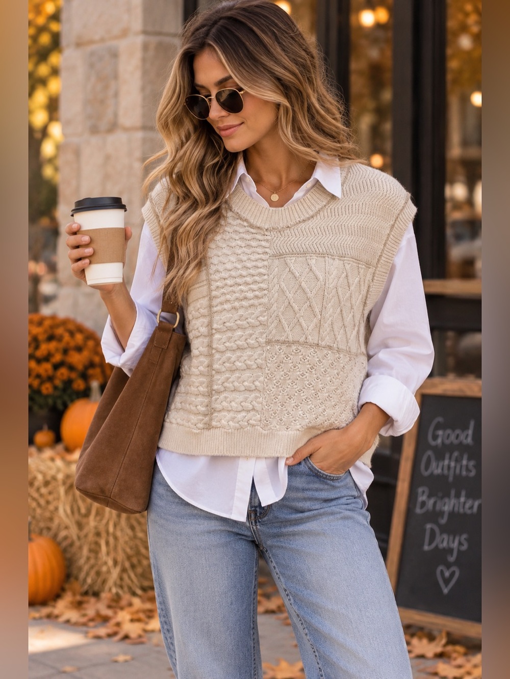 Free People Take The Plunge Patchwork Cable Knit Sweater Vest L Cream Ivory